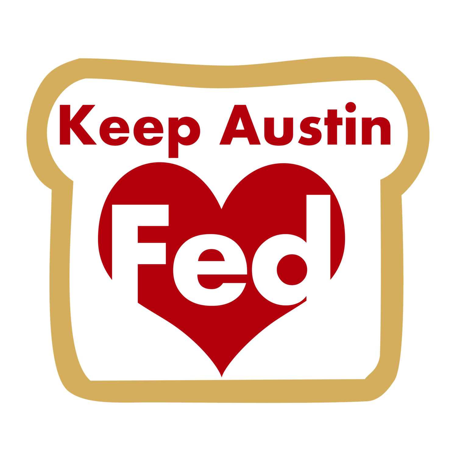 The logo for the Keep Austin Fed organization that features a bread outline and a heart in the middle.