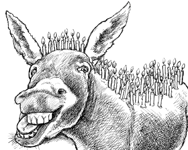 A detailed black and white sketch of a funny-looking donkey with about 50 candles sticking on top of his body.