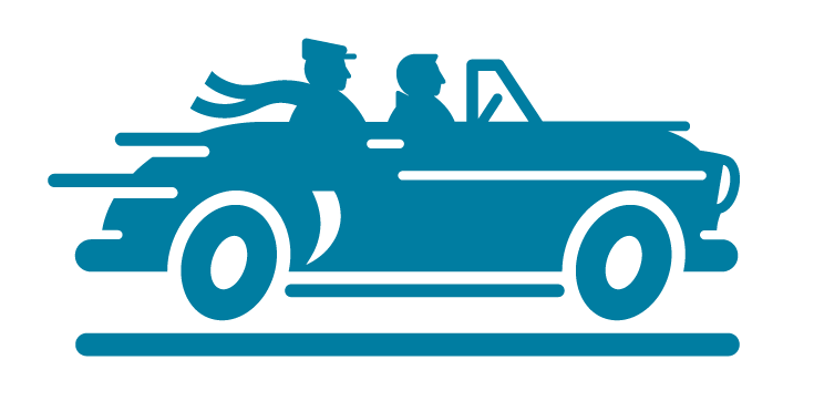 A blue logo of a car with two men inside for Drive a Senior.