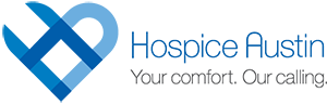 A blue heart logo for the Hospice Austin organization.