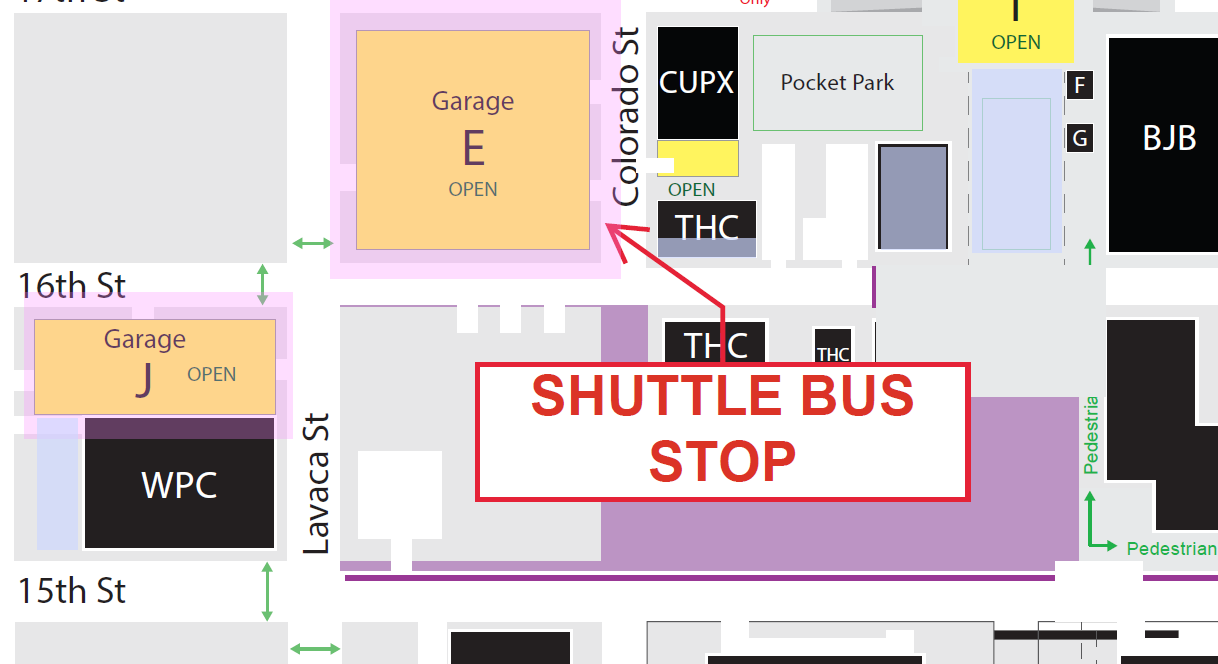 Parking garages northwest of Austin's State Capitol building. Two purple boxes highlight the locations of parking garages "E" and "J". 