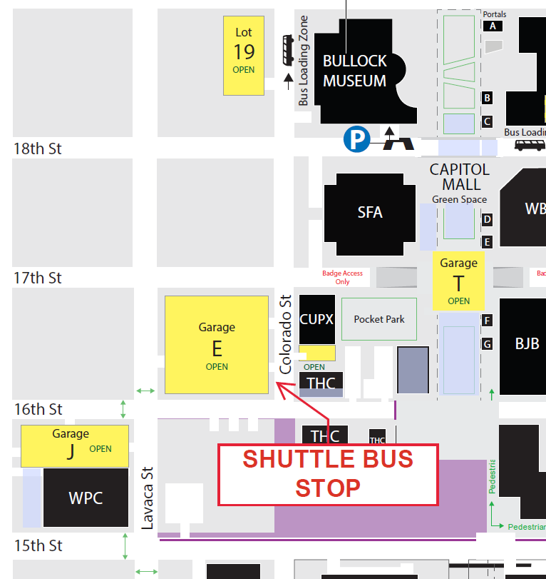 Map of parking garages northwest of Austin's State Capitol building. A red arrow points to the shuttle bus stop (marked between 16th and Colorado St).